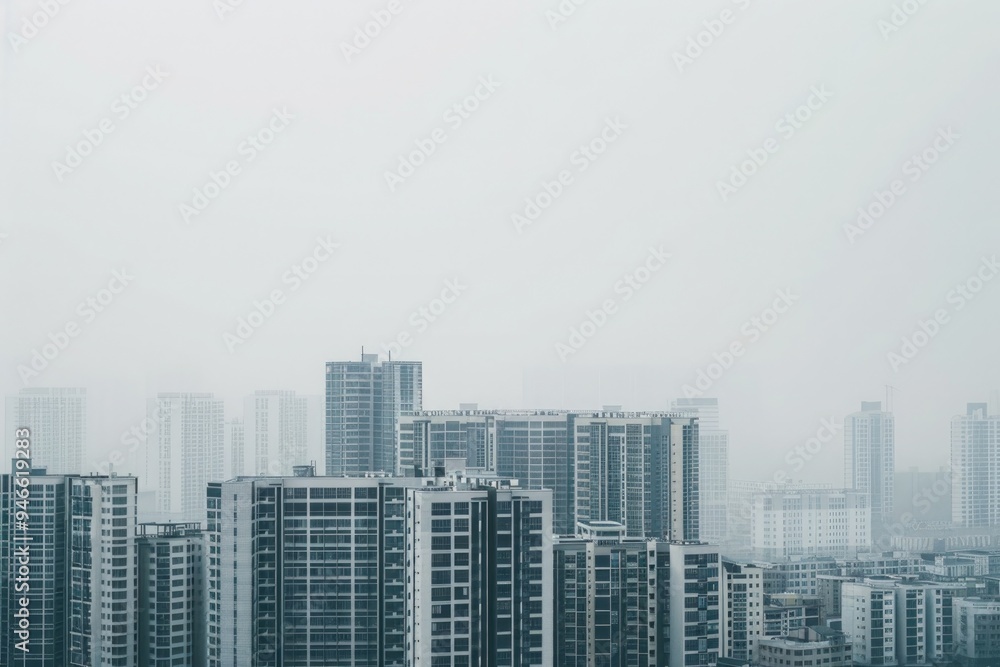 Modern city in thick fog Modern city in thick fog