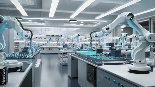 A futuristic workspace with multiple AI-driven robotic arms assembling electronic components, automated processes on display, showcasing innovation in manufacturing automation and robotics technology