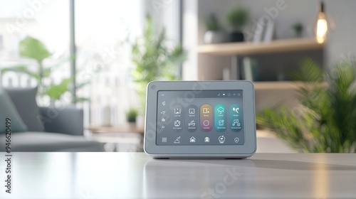 A smart home device on a minimalist table, the screen showing options to control various aspects of the home environment, symbolizing the seamless integration of AI in daily life