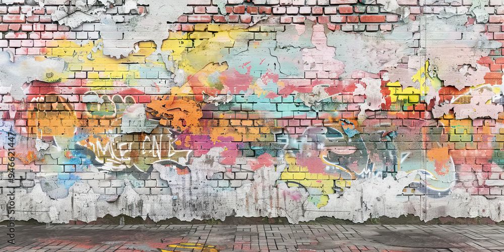 A brick wall adorned with peeling paint and vibrant graffiti, adding depth and character to an industrial-inspired scene. A brick wall adorned with peeling paint and vibrant graffiti, adding depth and character to an industrial-inspired scene.