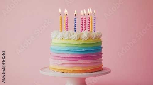 Colourful layer birthday cake with 9 burning candles on pink background with copy space. Happy b-day party mood photo