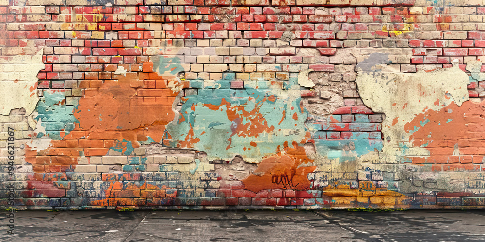 Fototapeta premium A brick wall adorned with peeling paint and vibrant graffiti, adding depth and character to an industrial-inspired scene.