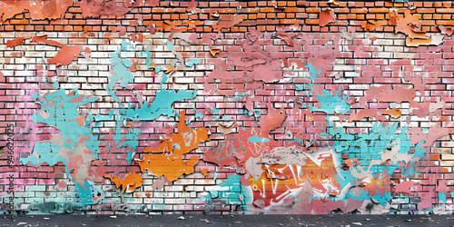 A brick wall adorned with peeling paint and vibrant graffiti, adding depth and character to an industrial-inspired scene.