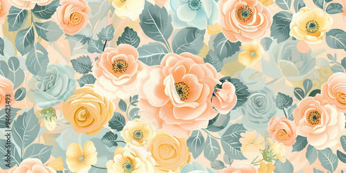 Wallpaper Mural A patterned wallpaper featuring a floral motif in muted pastel colors, creating a feminine and soothing ambiance in a living space. Torontodigital.ca
