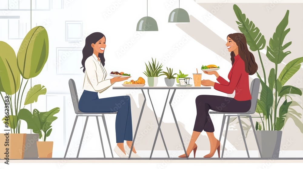 Happy businesswomen lunching in office Happy businesswomen lunching in office
