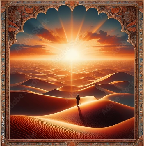 Path of Heaven Glorious Sunset Over Expansive Desert Dunes, Solitary Traveler Silhouetted in Warm Golden Light, Ornate Framed Mystical Scene, Journey through Endless Sands and Radiant Sky photo