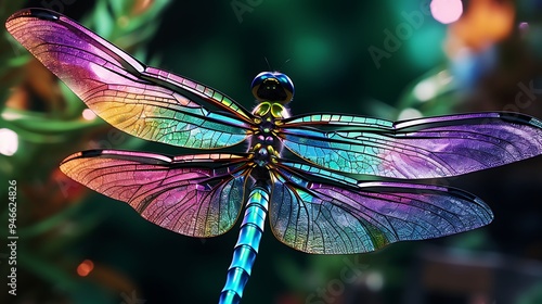 A mesmerizing close-up of the iridescent wings of a dragonfly, showcasing the intricate details and vibrant colors in high definition.