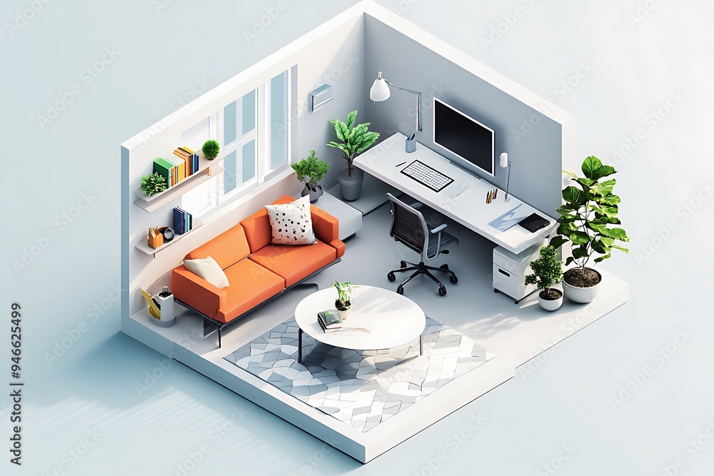 Isometric 3D rendering illustration of a modern office interior Isometric 3D rendering illustration of a modern office interior