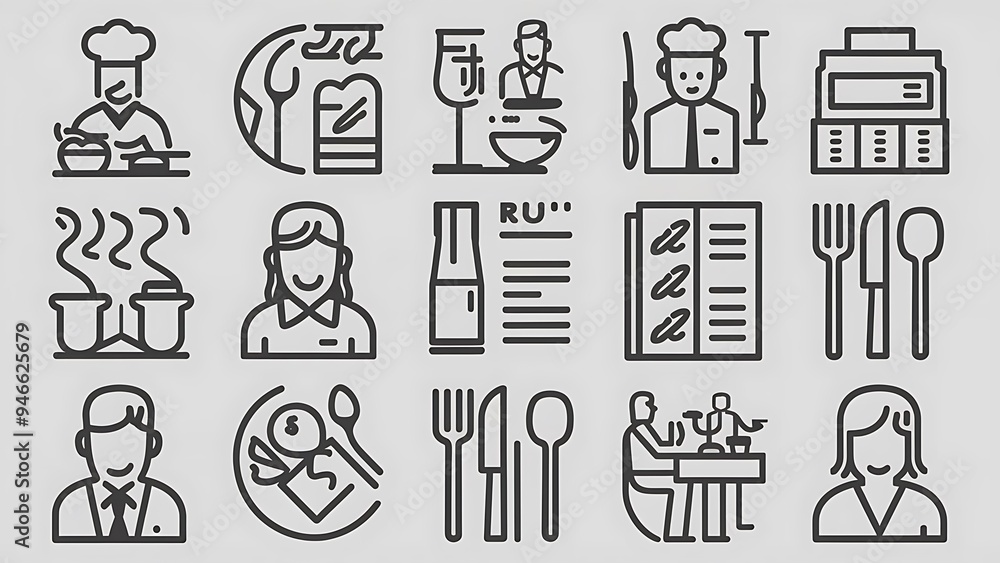 Restaurant icon set suitable for info graphics, websites and print media. Black and white flat line icons. Restaurant icon set suitable for info graphics, websites and print media. Black and white flat line icons.