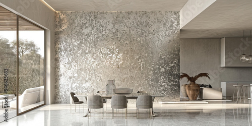 A textured wallcovering with a metallic finish, reflecting light and adding dimension to a contemporary dining room or living space. photo