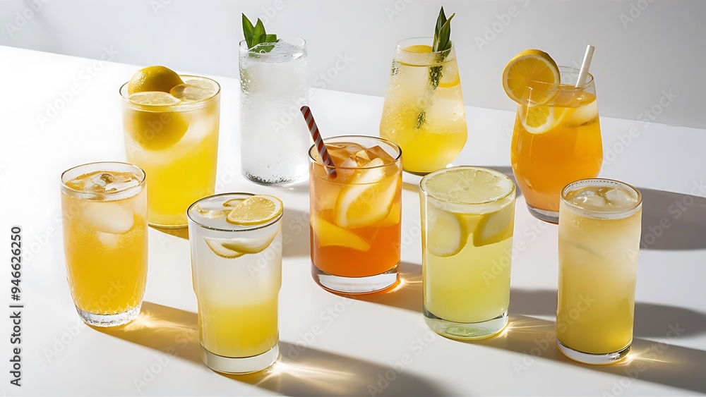 Set of different lemonade drinks made with soda water on white background Set of different lemonade drinks made with soda water on white background
