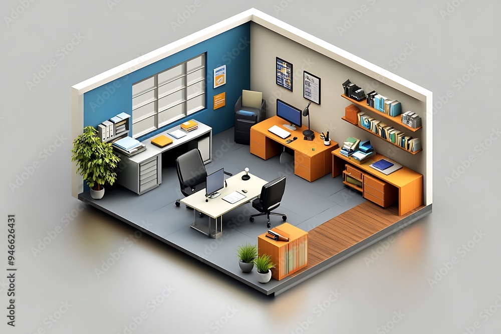 Isometric 3D rendering illustration of a modern office interior Isometric 3D rendering illustration of a modern office interior
