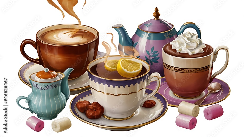 Set of delicious hot drinks: coffee, tea and supplies. Isolated. Set of delicious hot drinks: coffee, tea and supplies. Isolated.