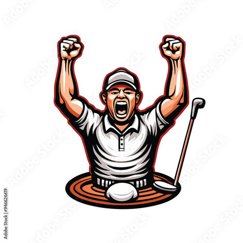 A detailed vector drawing of a golfer celebrating his victory with arms raised in the air and a big smile on his face, surrounded by the hole and the golf club.