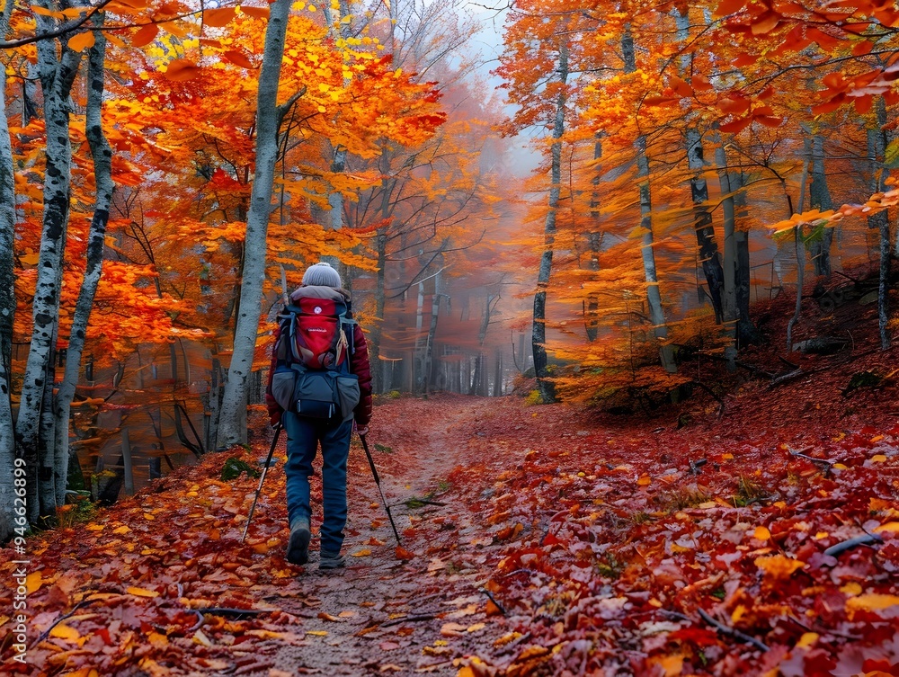 Fototapeta premium Hiker Exploring Vibrant Autumn Forest with Colorful Leaves during Hiking Adventure