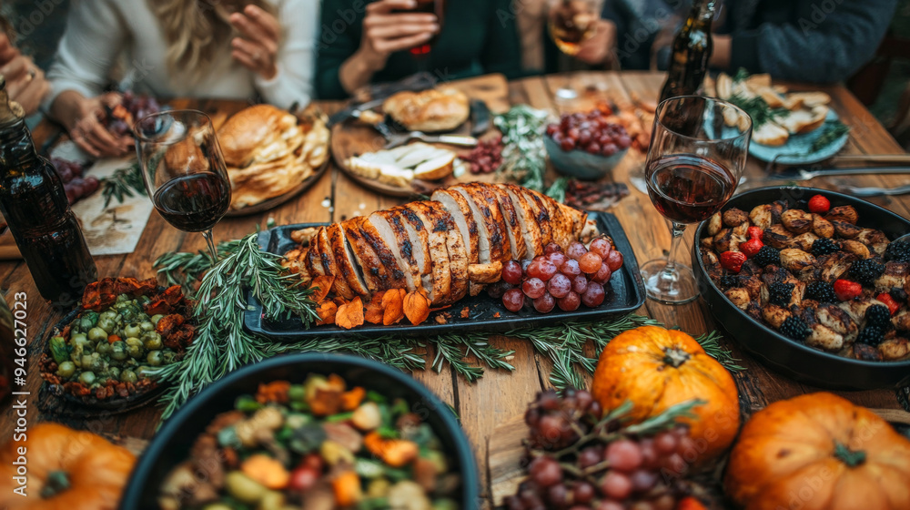 A Thanksgiving table filled with festive dishes, with a beautifully roasted turkey at the center, surrounded by family members enjoying the holiday meal. A Thanksgiving table filled with festive dishes, with a beautifully roasted turkey at the center, surrounded by family members enjoying the holiday meal.