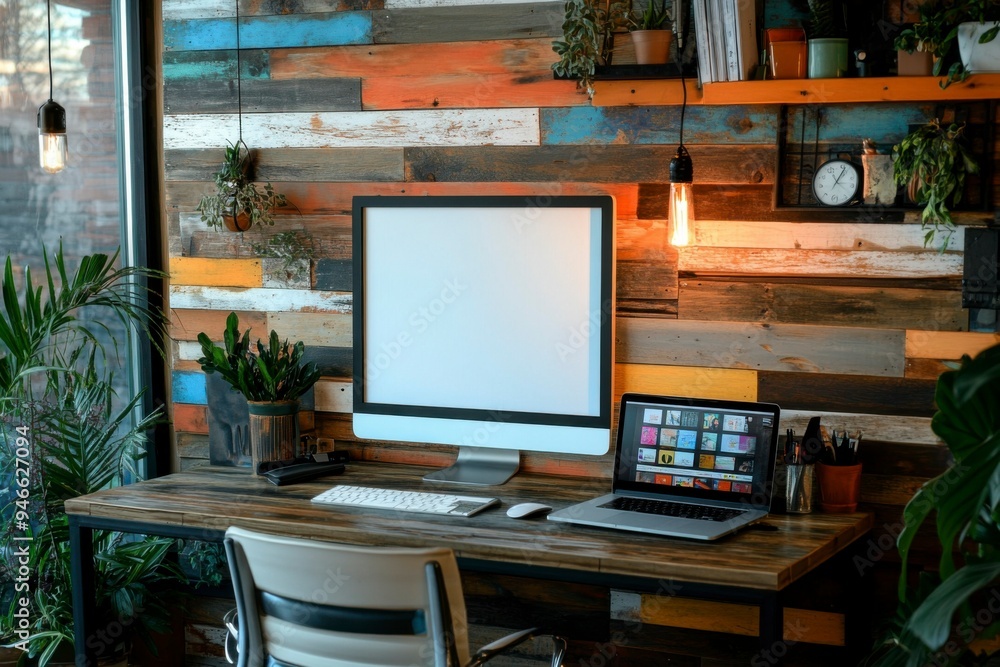 Modern Home Office with Wooden Wall and Desk Modern Home Office with Wooden Wall and Desk