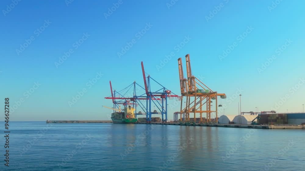 Wide view of a busy shipping port with large cranes loading and unloading cargo containers under a clear blue sky, illustrating global trade and logistics Wide view of a busy shipping port with large cranes loading and unloading cargo containers under a clear blue sky, illustrating global trade and logistics
