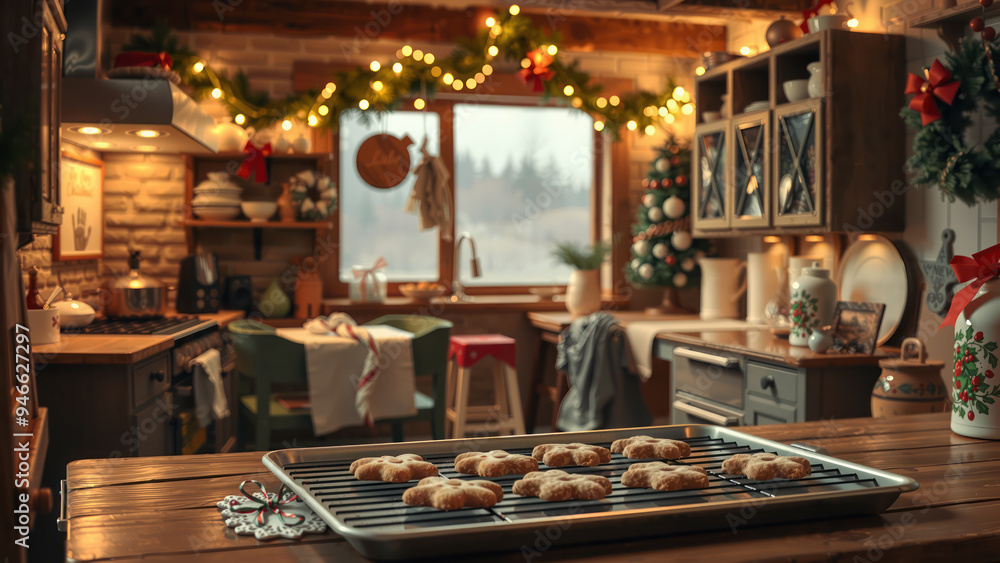 Cozy kitchen decorated for Christmas with cookies on tray Cozy kitchen decorated for Christmas with cookies on tray