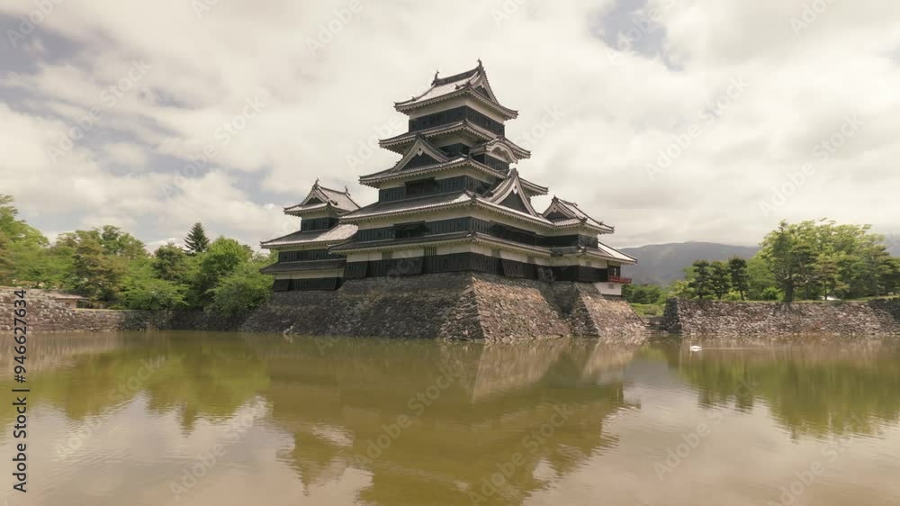 Wide angle - Slow orbit pan towards the left of Matsumoto Castle to a side on view Wide angle - Slow orbit pan towards the left of Matsumoto Castle to a side on view