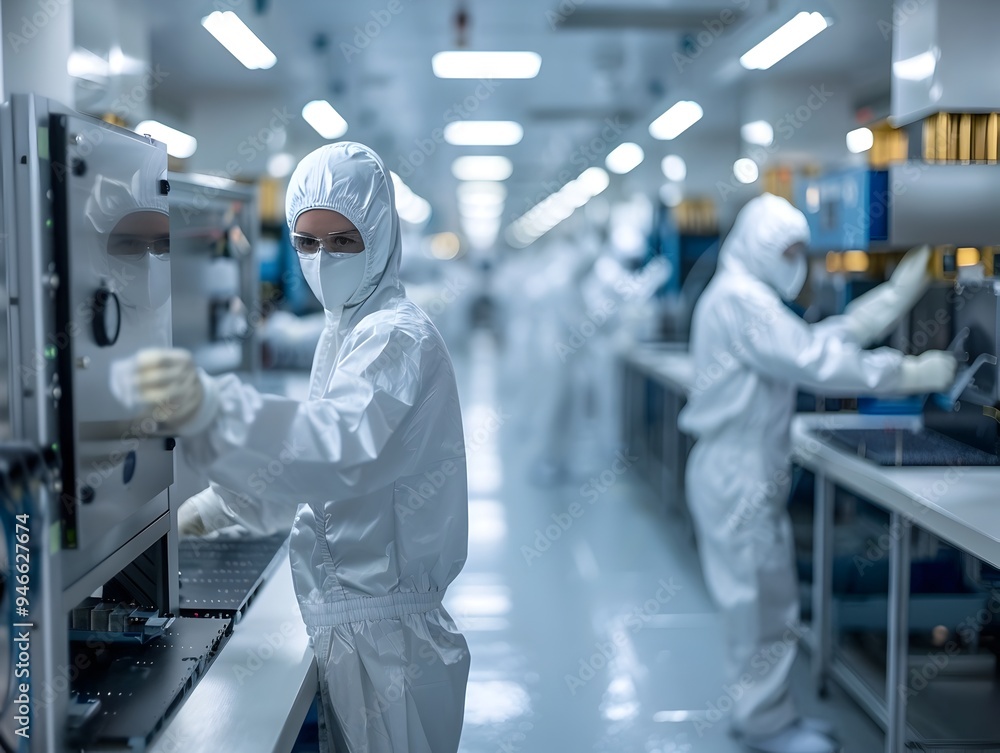 Workers in a Cleanroom Assembling Semiconductor Devices Industry Concept Workers in a Cleanroom Assembling Semiconductor Devices Industry Concept