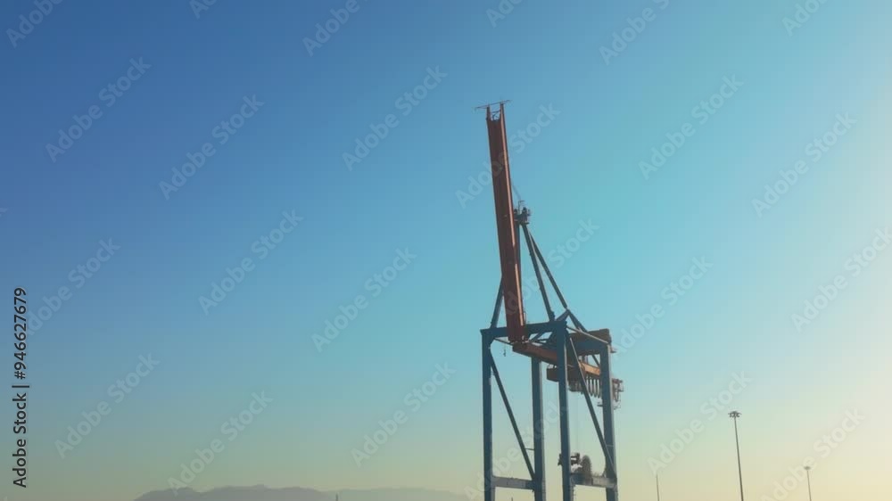 A towering crane stands tall against a clear blue sky, representing industrial strength and precision in a modern port environment. A towering crane stands tall against a clear blue sky, representing industrial strength and precision in a modern port environment.
