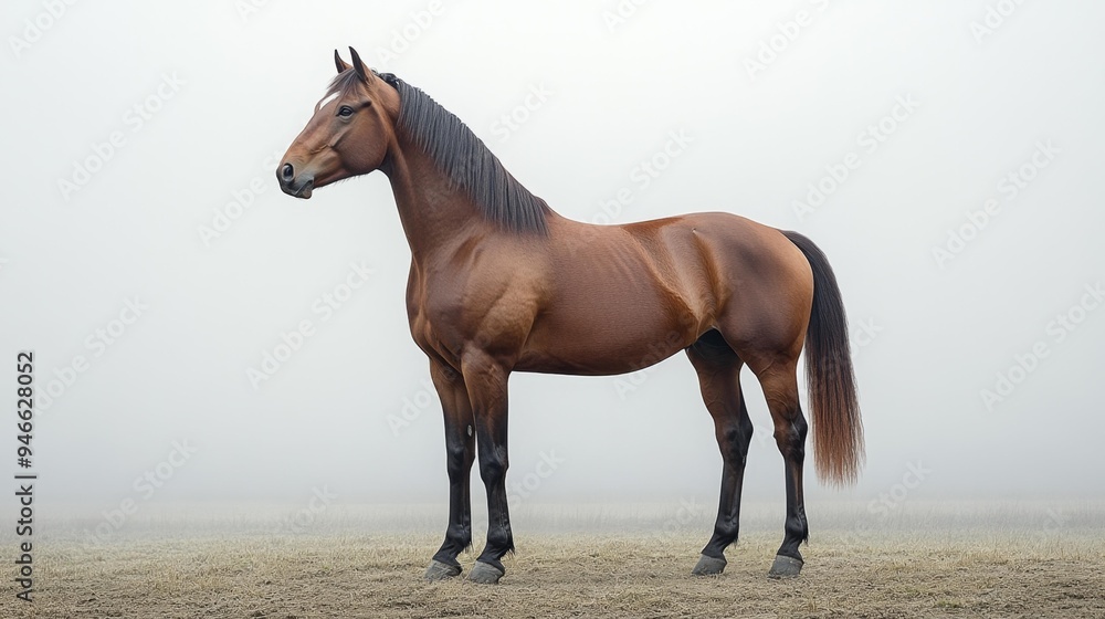 Elegant Brown Horse in Foggy Field Generative AI Elegant Brown Horse in Foggy Field Generative AI