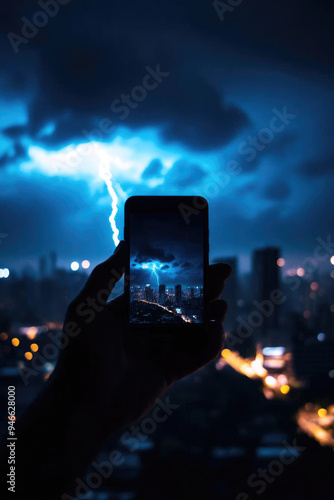 A dramatic stormy night captured on a smartphone, showcasing vibrant lightning against a dark city skyline.