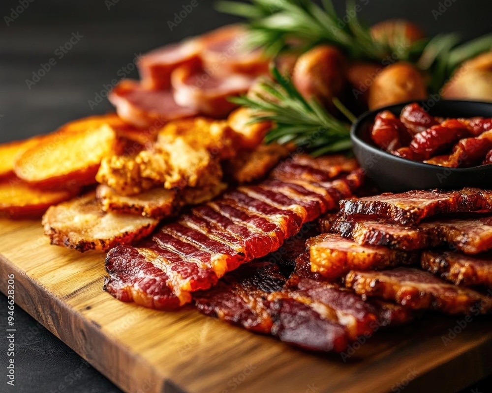 A delicious assortment of meats and sides arranged on a wooden board, perfect for barbecues and gatherings. A delicious assortment of meats and sides arranged on a wooden board, perfect for barbecues and gatherings.