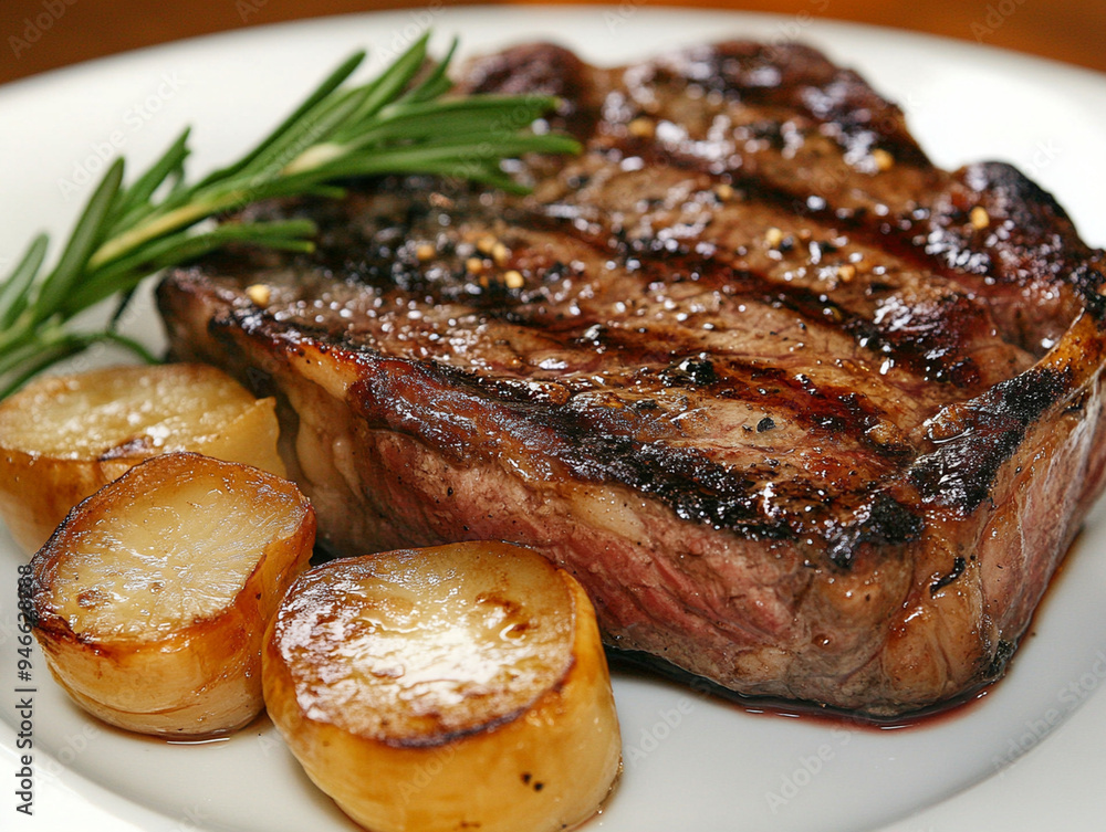 Juicy ribeye steak grilled with fried onions and seasoned with herbs. Close-up. Juicy ribeye steak grilled with fried onions and seasoned with herbs. Close-up.