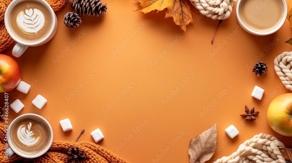 Frame of autumn vibes concept with warm cozy items, autumn leaves, coffee cups, small marshmallows, cookies, apples, pinecones and knitted blanket on flat light background Frame of autumn vibes concept with warm cozy items, autumn leaves, coffee cups, small marshmallows, cookies, apples, pinecones and knitted blanket on flat light background