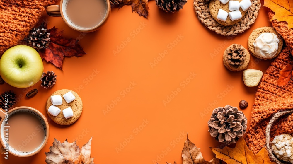 Frame of autumn vibes concept with warm cozy items, autumn leaves, coffee cups, small marshmallows, cookies, apples, pinecones and knitted blanket on flat light background Frame of autumn vibes concept with warm cozy items, autumn leaves, coffee cups, small marshmallows, cookies, apples, pinecones and knitted blanket on flat light background