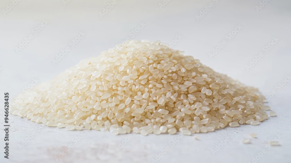 Close-up of uncooked jasmine rice grains piled neatly in a small mound on a white surface, highlighting their smooth texture and uniform shape, no people. Close-up of uncooked jasmine rice grains piled neatly in a small mound on a white surface, highlighting their smooth texture and uniform shape, no people.