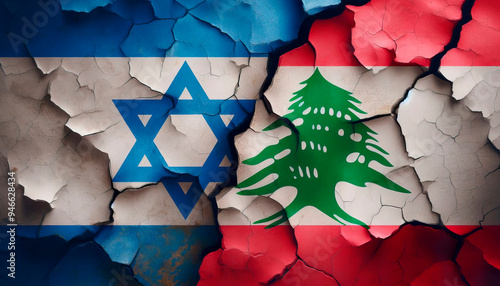 Flags of Israel and Lebanon on cracked surface. The juxtaposed flags of Israel and Lebanon appear on a worn and cracked surface, symbolizing geopolitical tensions