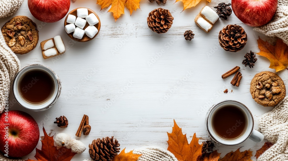 Frame of autumn vibes concept with warm cozy items, autumn leaves, coffee cups, small marshmallows, cookies, apples, pinecones and knitted blanket on flat light background Frame of autumn vibes concept with warm cozy items, autumn leaves, coffee cups, small marshmallows, cookies, apples, pinecones and knitted blanket on flat light background