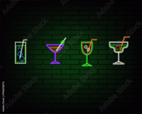 Neon drinks. Cocktails, wine, beer, champagne. Wall Street sign illuminated at night. Cold quiet drinks in the dark night. Illustration in geometric style isolated on brick wall background.