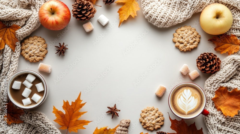 Frame of autumn vibes concept with warm cozy items, autumn leaves, coffee cups, small marshmallows, cookies, apples, pinecones and knitted blanket on flat light background Frame of autumn vibes concept with warm cozy items, autumn leaves, coffee cups, small marshmallows, cookies, apples, pinecones and knitted blanket on flat light background