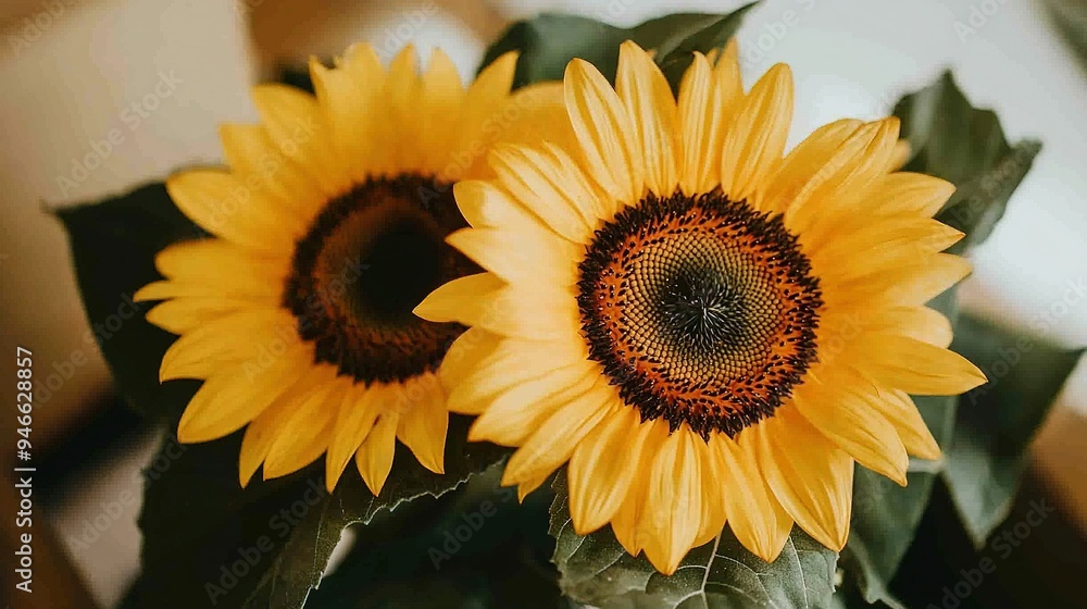Fototapeta premium Sunflower pair resting on verdant foliage before white backdrop