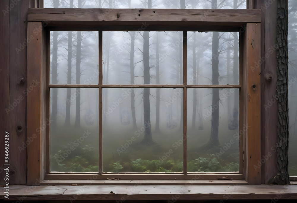 Concept photo of a close-up wooden window and a rainy, depressing nature landscape Concept photo of a close-up wooden window and a rainy, depressing nature landscape