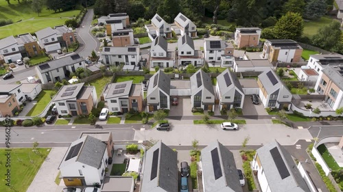 Aerial drone orbital view of a newly built housing estate in Devon, emphasizing the modern design and community planning in the United Kingdom photo