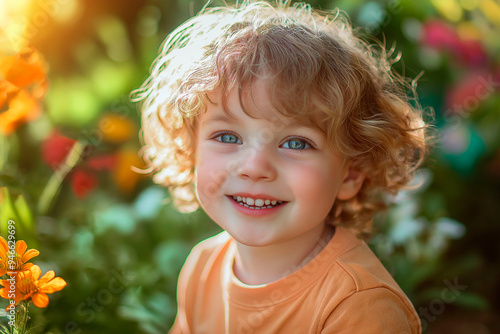 Smiling blonde toddler with blue eyes and curly hair in a sunlit garden surrounded by vibrant flowers and greenery