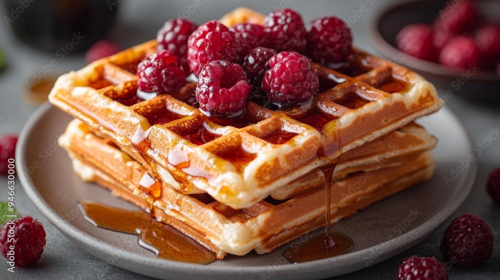 Delicious Waffles with Raspberries and Syrup Generative AI Delicious Waffles with Raspberries and Syrup Generative AI