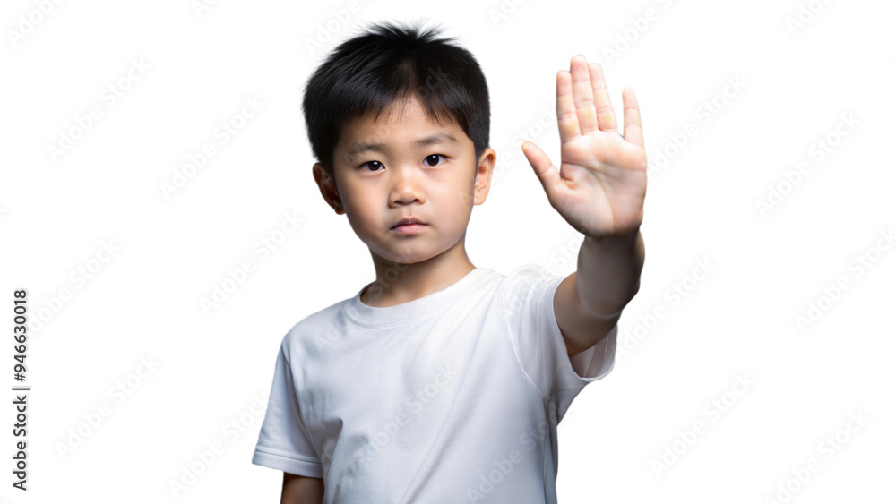 Young Boy Holds Up Hand In Stop Gesture Young Boy Holds Up Hand In Stop Gesture