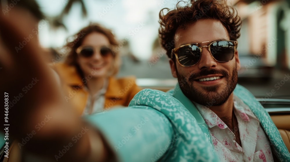 A happy couple enjoys a leisurely drive in their convertible, both wearing sunglasses and smiling, capturing the essence of a carefree, sunny day with good company. A happy couple enjoys a leisurely drive in their convertible, both wearing sunglasses and smiling, capturing the essence of a carefree, sunny day with good company.