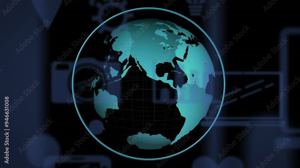 Rotating globe animation over technology icons and symbols background Rotating globe animation over technology icons and symbols background