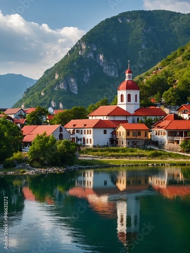 Scenic hillside village with red-roofed houses and a church overlooking a serene lake and mountains in the background