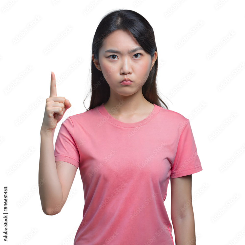 Young Asian Woman Pointing Up With Serious Expression Young Asian Woman Pointing Up With Serious Expression