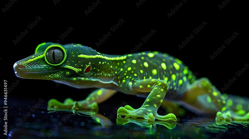 Neon Green Gecko Crawling on Wall with Luminous Skin and Intricate Patterns against Black Background Neon Green Gecko Crawling on Wall with Luminous Skin and Intricate Patterns against Black Background