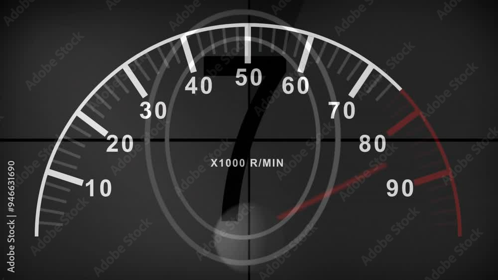 Tachometer animation displaying RPM levels from 0 to 90 over dark background Tachometer animation displaying RPM levels from 0 to 90 over dark background