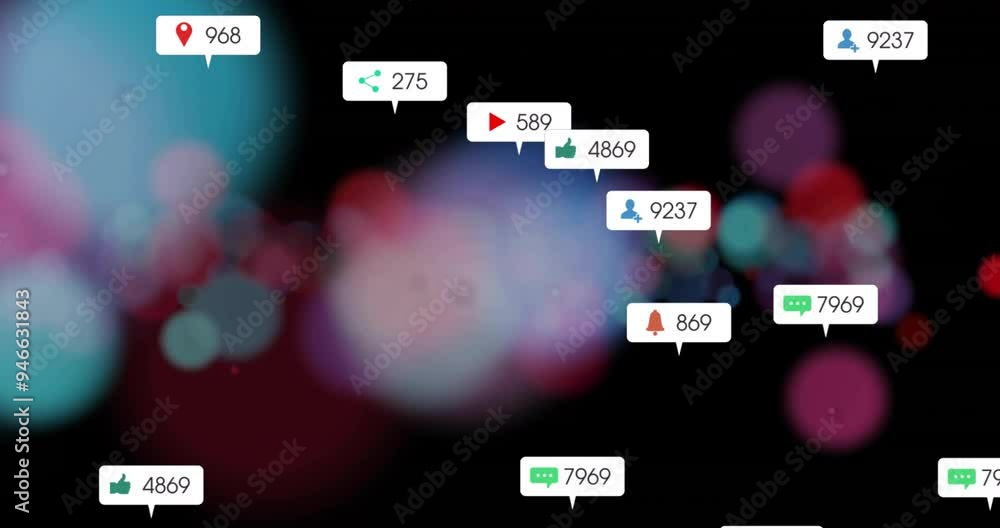 Social media interaction icons animation over colorful bokeh background Social media interaction icons animation over colorful bokeh background